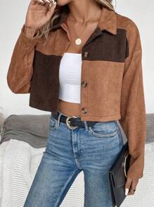 SHEIN Essnce Khối màu Thả vai Áo Jacket Crop - màu nâu - Xem 1