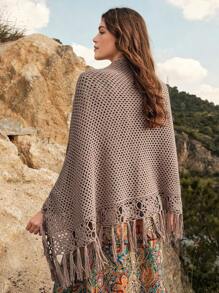 SHEIN BohoFeels 女士鉤針流蘇披肩開衫 - 卡其色 - 查看 2