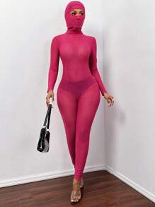 Slaydiva Solid  Glitter Mesh Unitard Jumpsuit With Hooded Gaiter - Hot Pink - View 4
