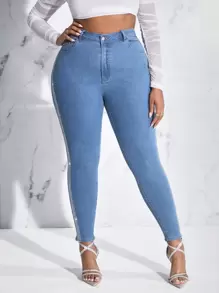 SHEIN SXY Plus High Waist Contrast Rhinestone Side Skinny Jeans - Medium Wash - View 5