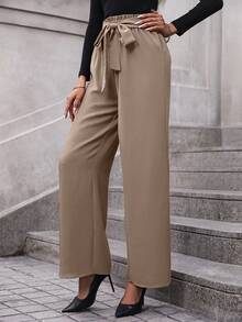 SHEIN Clasi Paperbag Waist Belted Wide Leg Pants - Apricot - View 5