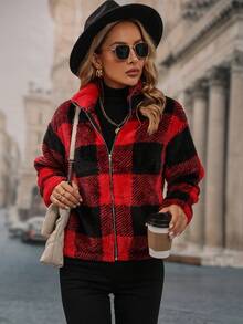 SHEIN LUNE In kẻ sọc Buffalo Thả vai Flannel Áo khoác - Đỏ - Xem 6