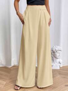 SHEIN Essnce Solid Wide Leg Suit Pants - Apricot - View 1