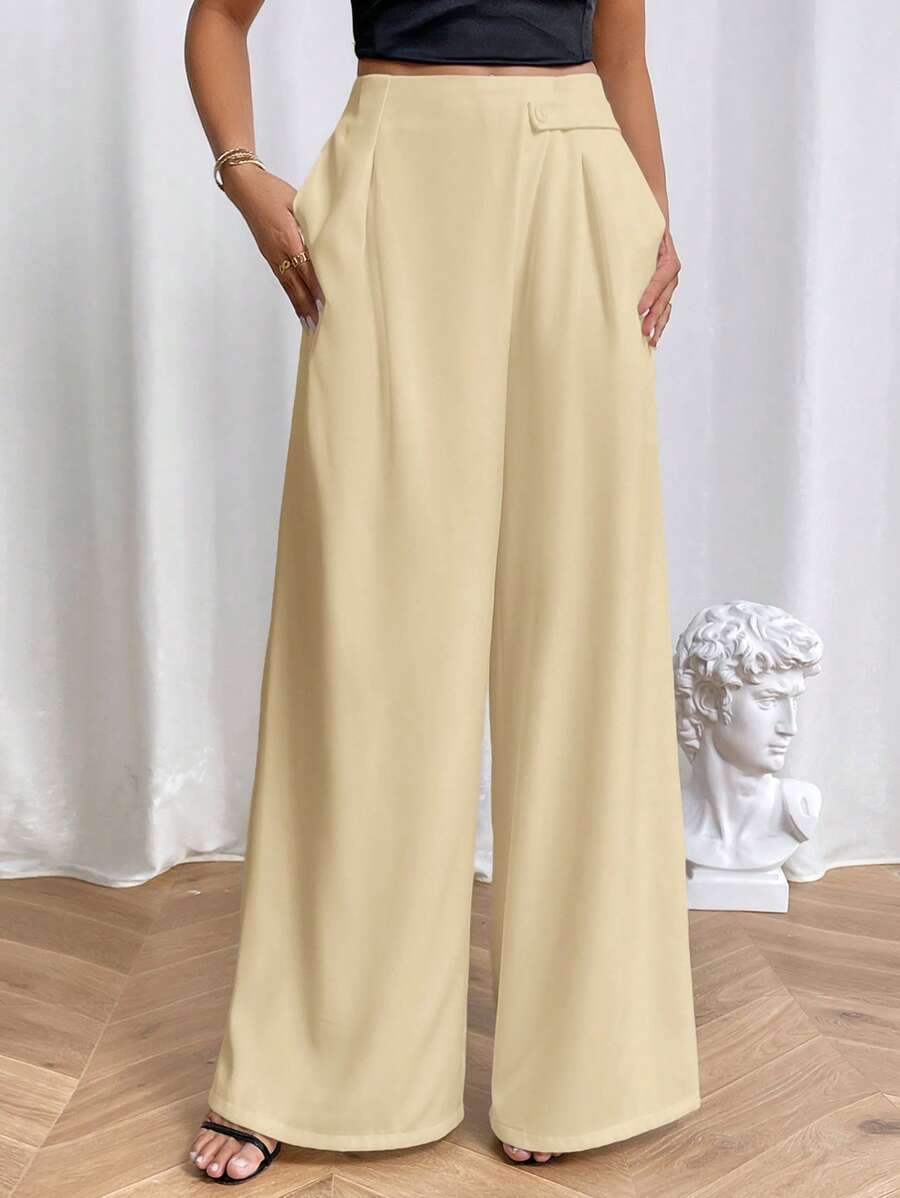 SHEIN Essnce Solid Wide Leg Suit Pants - Apricot - View 1