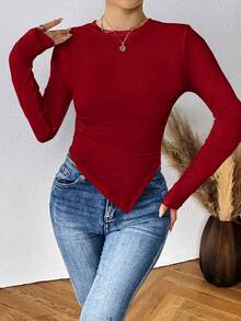 SHEIN Essnce Chất rắn Viền không đối xứng Áo thun - Màu Đỏ Sâu - Xem 3