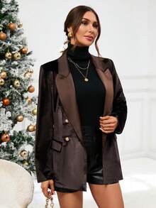 SHEIN BIZwear Cổ áo không bâu Đôi ngực Áo vest - Cà phê nâu - Xem 4