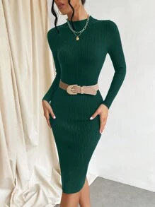 RueChic 小高領高衩毛衣洋裝不附腰帶 - 墨綠色 - 查看 6