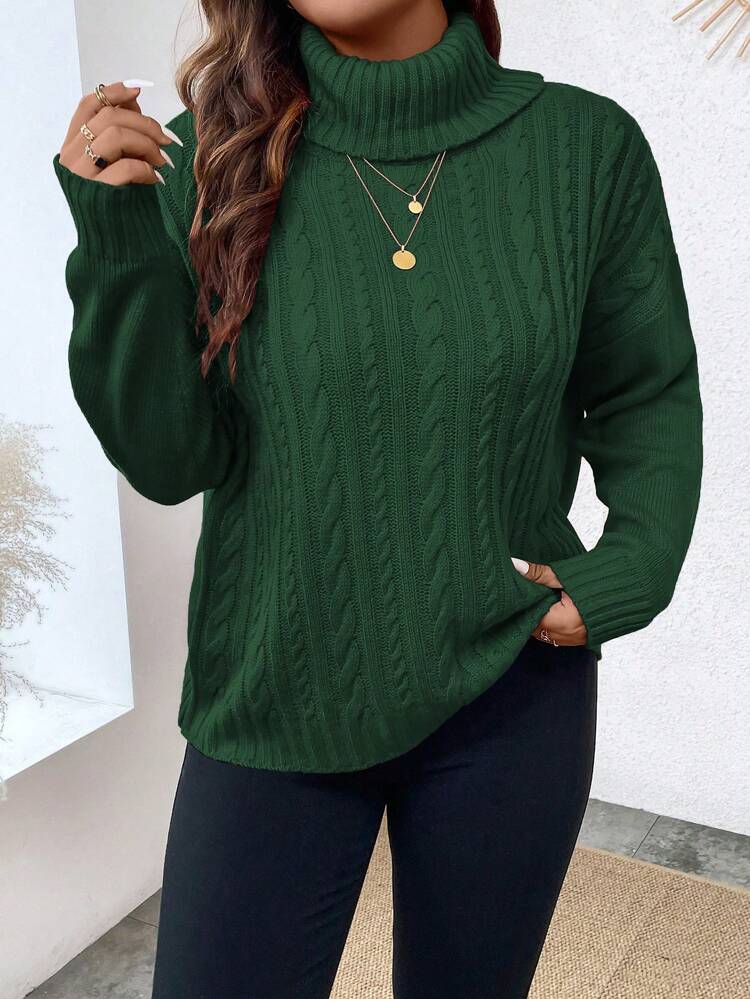 Plus Size Women Turtleneck Loose Cable Knit Pullover Sweater, Green, Daily Casual, Spring/Winter Knit Pullover Fall Sweater