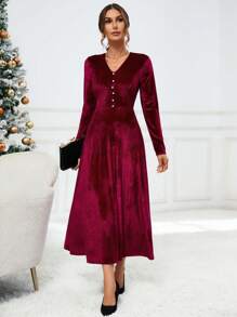 SHEIN Privé Nút phía trước Nhung Váy chữ A - Đỏ - Xem 3
