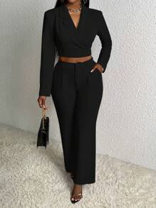 Slaydiva Solid Wrap Crop Blazer & Pants In Fall/Winter - Black - View 1