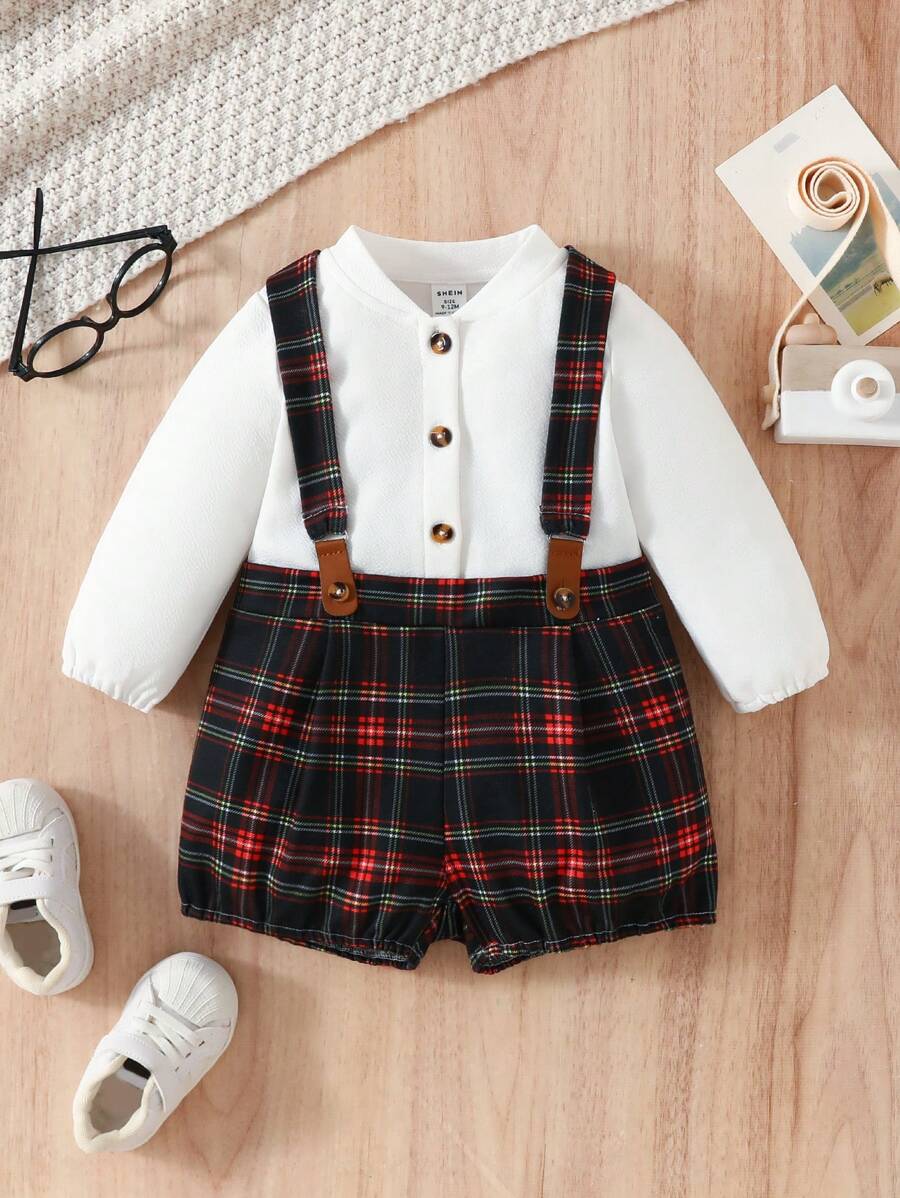 Baby Boy Tartan Print 2 In 1 Pinafore Romper - White - View 1