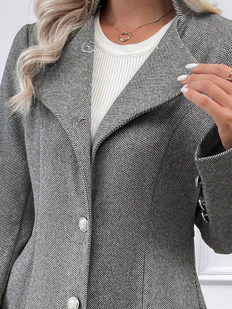 Herringbone Button Front Overcoat Fall Winter Cloth For Women