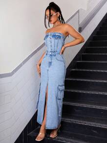 SHEIN ICON Flap Pocket Split Thigh Tube Denim Dress - Light Wash - View 5