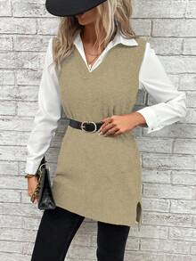 SHEIN LUNE 1pc Solid Sweater Vest Without Shirt - Camel - View 4