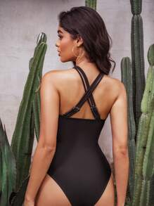 SHEIN Swim Black Sheer Mesh One Piece Swimsuit, For Summer Beach Vacation - Black - View 2