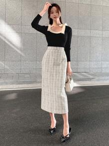 DAZY Falda de cintura alta con espalda dividida, otoño e invierno - Blanco - Ver 8