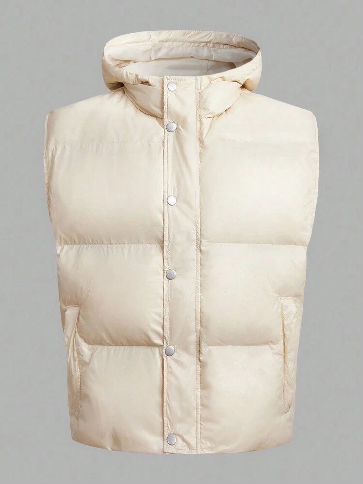 Men Snap Button Zipper Hooded Padded Vest Coat, For Fall Winter