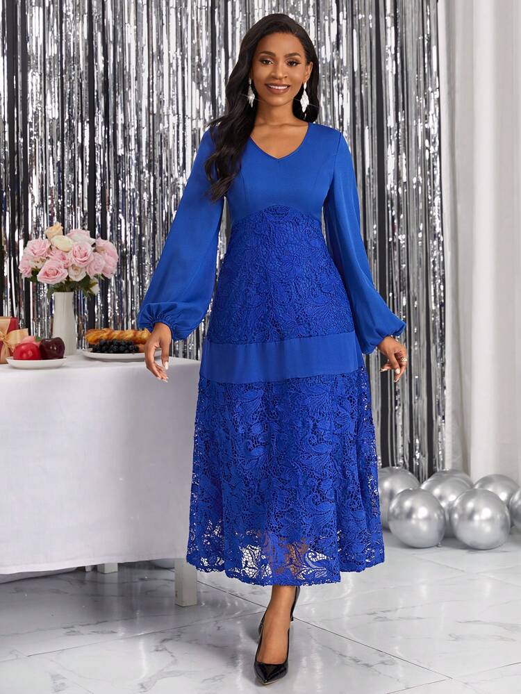 Contrast Lace Lantern Sleeve Dress