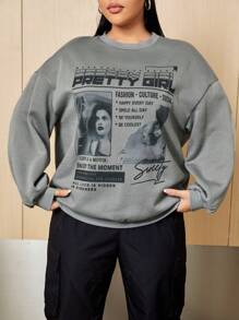 SHEIN EZwear Plus Slogan & Figure Graphic Drop Shoulder Sweatshirt - Light Grey - View 1