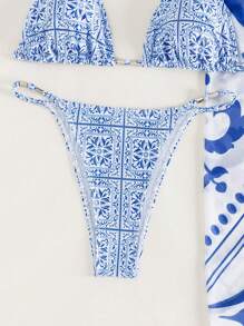 SHEIN Swim 夏季海灘花卉印花掛脖三角比基尼套裝配沙灘裙 - 藍白色 - 查看 8