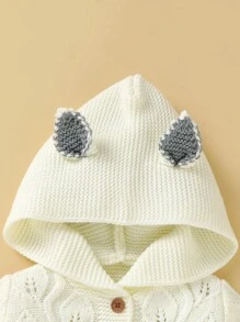 SHEIN 男嬰拼接邊3D耳朵設計前紐扣連帽針織連身褲 - 米色 - 查看 3