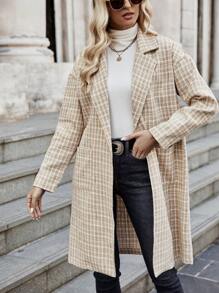 SHEIN LUNE Plaid Dual Pocket Drop Shoulder Tweed Overcoat Fall Cloth For Women - Khaki - View 5