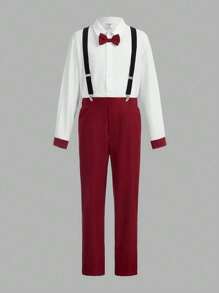SHEIN 少年套裝，包括襯衫、可拆卸蝴蝶結和吊帶，紳士裝 - 酒紅色 - 查看 1