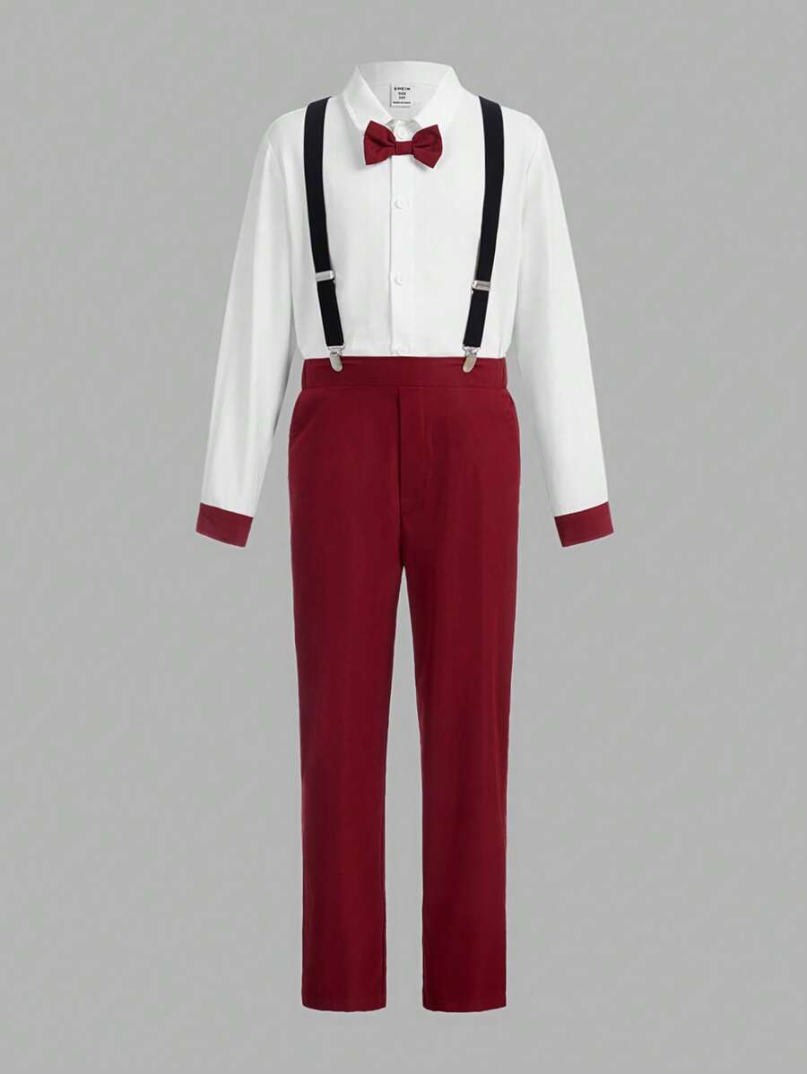 SHEIN 少年套裝，包括襯衫、可拆卸蝴蝶結和吊帶，紳士裝 - 酒紅色 - 查看 1