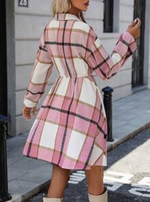 SHEIN Clasi Plaid Print Flap Detail Shirt Dress - Pink - View 2
