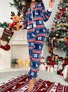 聖誕圖案拉鏈開襟抽繩連帽連體睡衣 - 藍色 - 查看 3