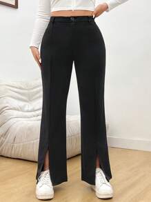 SHEIN EZwear 大碼高腰下擺開叉喇叭褲 - 黑色 - 查看 3