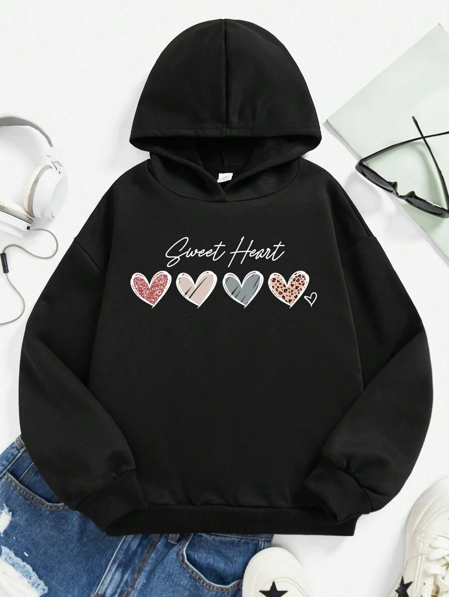 少女爱心标语图案卫衣 - 黑色 - 查看 1