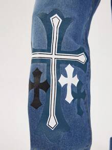 Manfinity Roghcode 男士休闲交叉印花直筒牛仔裤 - 藍色 - 查看 4