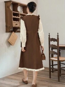 FRIFUL Viền Ruffle Nút ven Váy 2 trong 1 - Màu Khaki - Xem 2