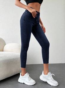 EURMUSE Plain Skinny Denim Trousers - Navy Blue - View 4
