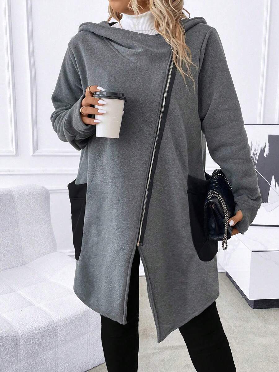 SHEIN LUNE Hơn Dây kéo Áo trùm đầu - Màu xám đen - Xem 1