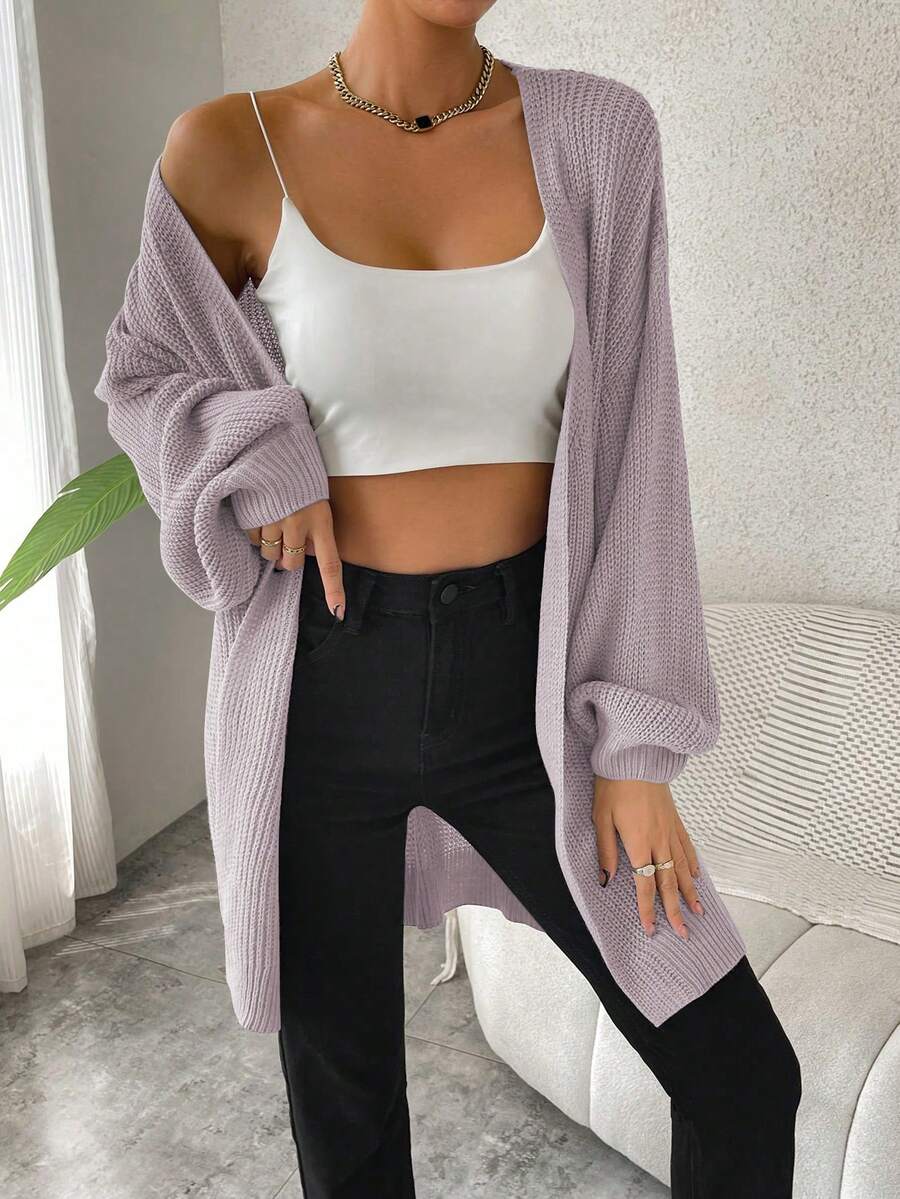 SHEIN Essnce 落肩休闲设计开衫 - 紫色 - 查看 1