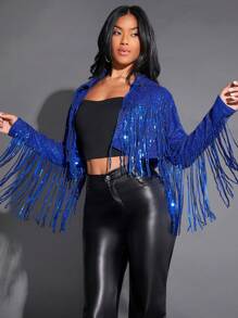 SHEIN BAE Giáng sinh Viền rìa Mở Mặt trước Kim sa Áo khoác - Xanh đậm - Xem 5