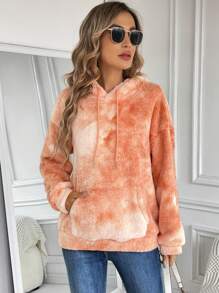 SHEIN LUNE 紮染袋鼠口袋落肩袖抽繩法蘭絨連帽衫 - 彩色 - 查看 1