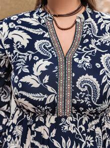 Rusttydustty Women's Plus Size Blue Leaf Printed V-Neck Lantern Sleeve Waist Dress Cruise Women Outfits Boho