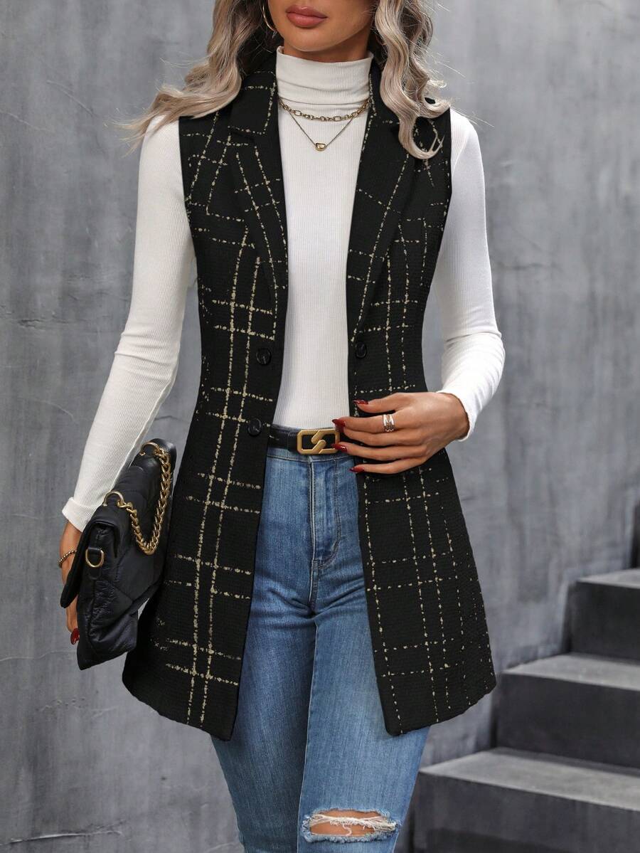 SHEIN Essnce 格紋西裝領外套馬甲 - 黑色 - 查看 1