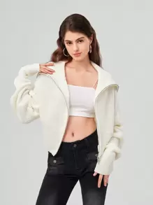 Forever 21 女士超大翻領休閒合身針織開衫 - 米色 - 查看 1