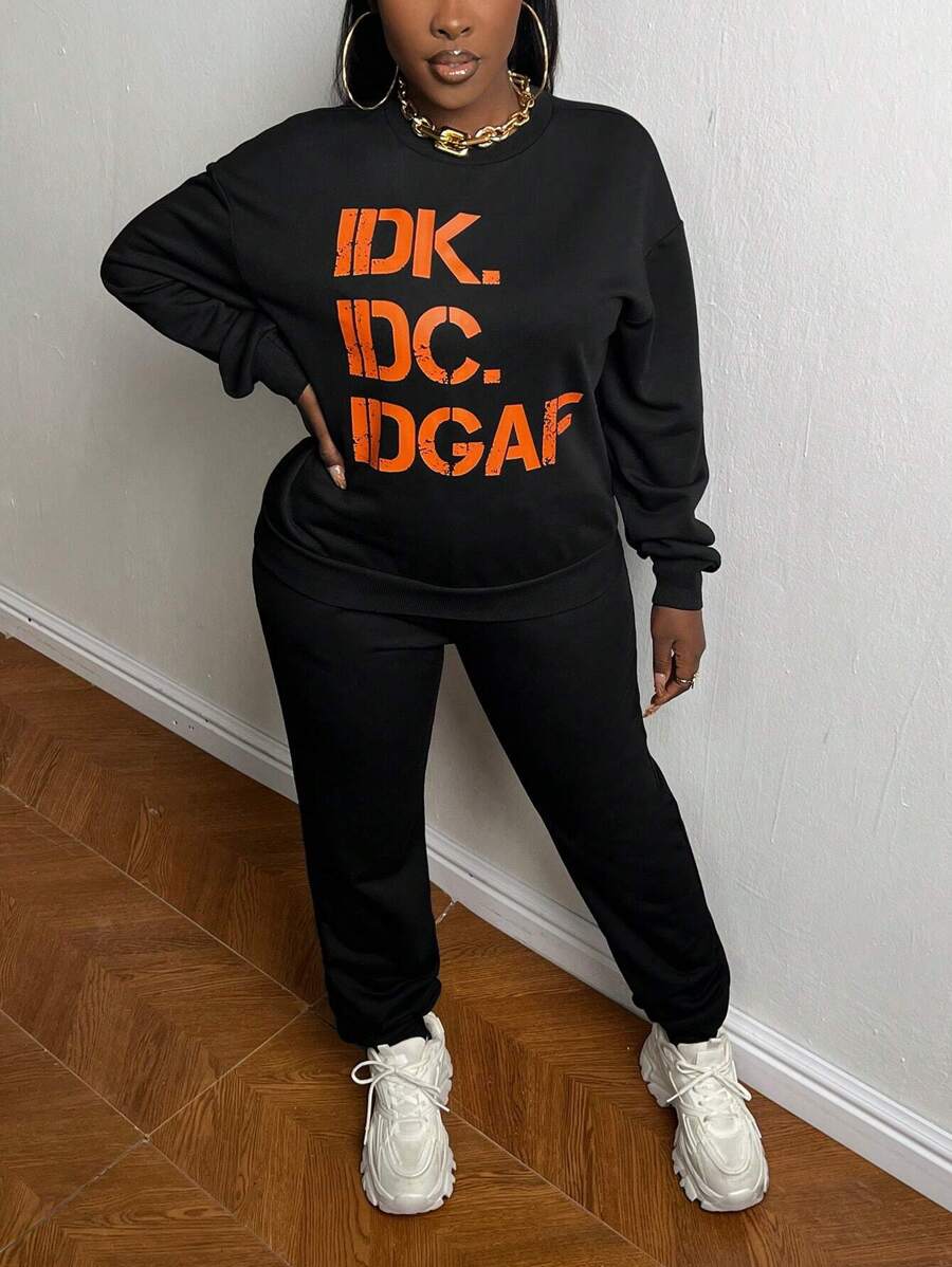 Slaydiva Slogan Graphic Drop Shoulder Sweatshirt & Sweatpants - Black - View 1