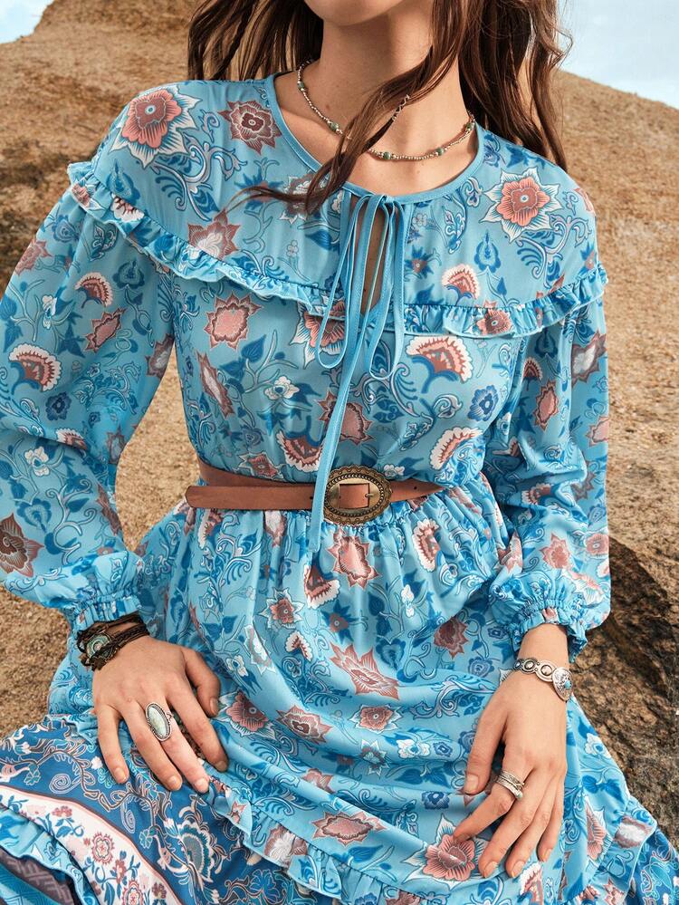 All-Over Floral Tie-Up Dress Without Belt Boho Women Clothing