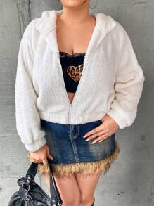 SHEIN Qutie Hơn Thiết kế tai 3D Dây kéo áo có mũ Áo Teddy Jackets - trắng - Xem 4