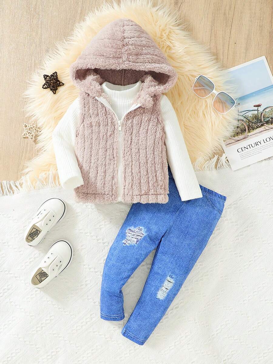 SHEIN 3pcs Girls' Ribbed Crew Neck Long Sleeve Top + Hooded Sleeveless Fuzzy Cardigan + Printed Pants Set, Autumn/Winter - Pink - View 1