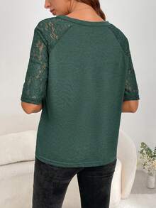 SHEIN LUNE Áo thun nữ Tương phản ren màu trơn Giải trí - Màu xanh lá cây đậm - Xem 2