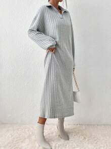 SHEIN Essnce 落肩袖高衩洋裝不附腰帶 - 灰色 - 查看 5