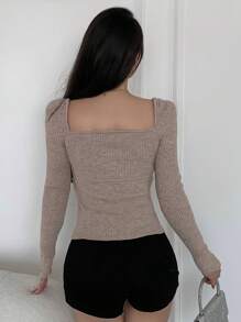 DAZY Chất rắn Cổ Trái tim Đồ đan Ribbed Áo len - Màu Khaki - Xem 6