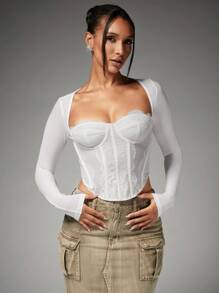 SHEIN BAE 甜心领蕾丝拼接紧身胸衣短款上衣，女士性感不对称，撞色蕾丝，系带常规袖甜心修身白色纯色女式上衣，春季/秋季，派对/夜总会服装 - 白色 - 查看 5